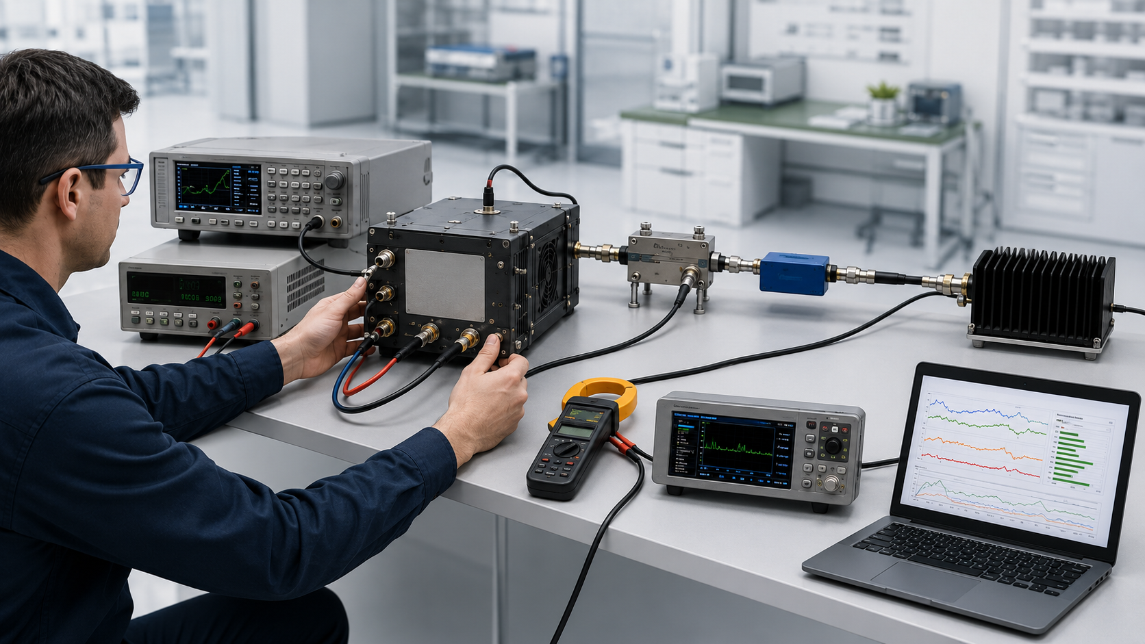 Controlled RF PA alarm and protection verification setup measuring the trigger condition, RF output, DC current, alarm feedback, and recovery behavior.
