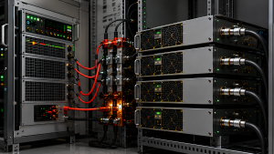 Multi-channel RF power amplifier system showing DC power supply stress under high current demand