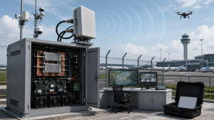 Professional drone jammer C-UAS RF mitigation system with RF amplifier modules, directional antenna, control logic, and test evidence at an airport perimeter.