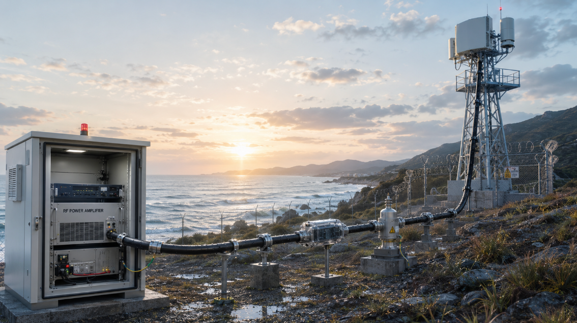 RF power margin review for a border and coastline C-UAS RF chain with feeder cable, connectors, outdoor cabinet, and antenna path.