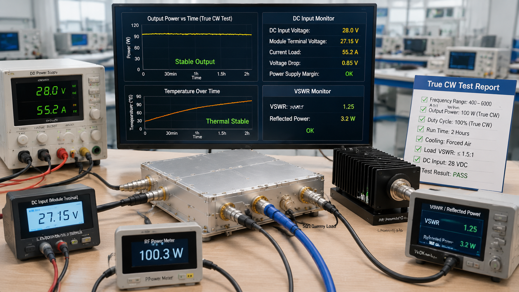 RF power amplifier duty cycle performance and reliability test showing power stability, heat control, DC supply, load condition, and True CW verification