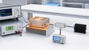 RF power amplifier gain drift test setup during thermal stabilization with signal generator, 28 V supply, directional coupler, dummy load, and power meter