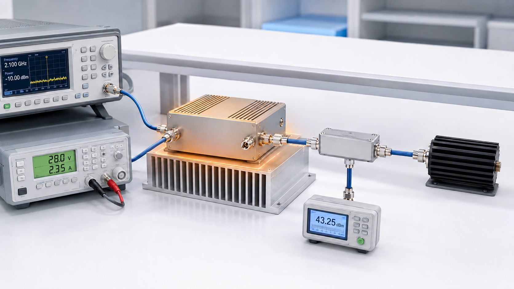 RF power amplifier gain drift test setup during thermal stabilization with signal generator, 28 V supply, directional coupler, dummy load, and power meter