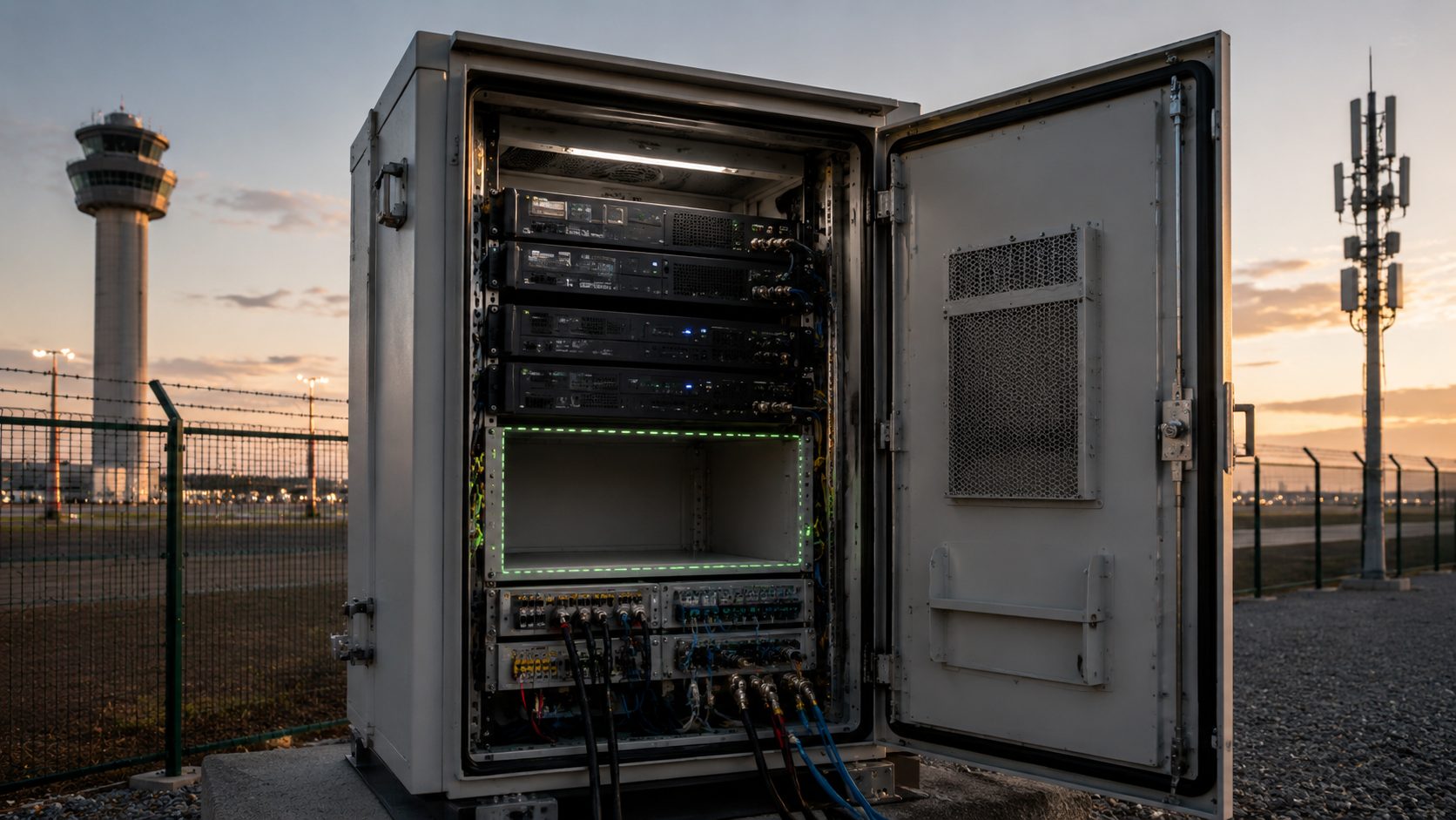 Airport C-UAS RF PA cabinet with reserved module paths for future frequency expansion