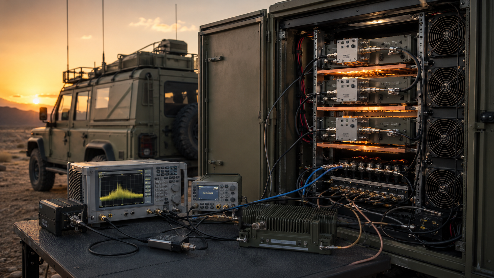 Vehicle-mounted RF power amplifier cabinet under thermal stabilization testing with multi-module RF PA system, measurement instruments, airflow cooling, and field deployment context for C-UAS applications