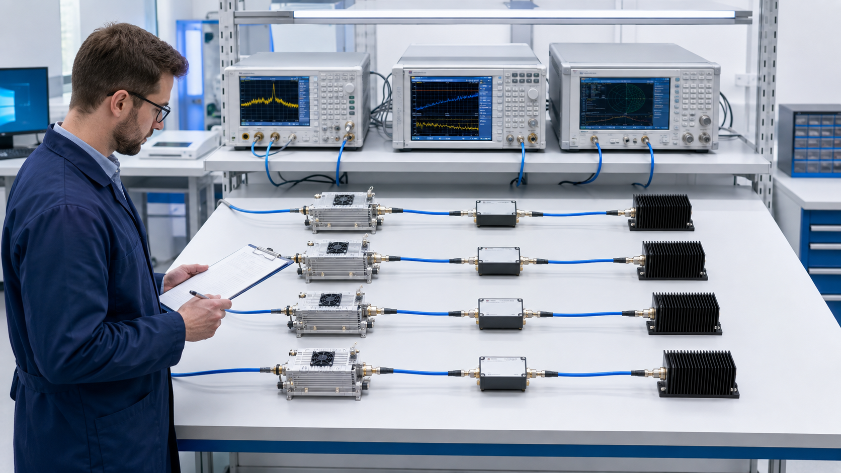 Engineer testing four RF PA modules for output equalization across parallel RF paths