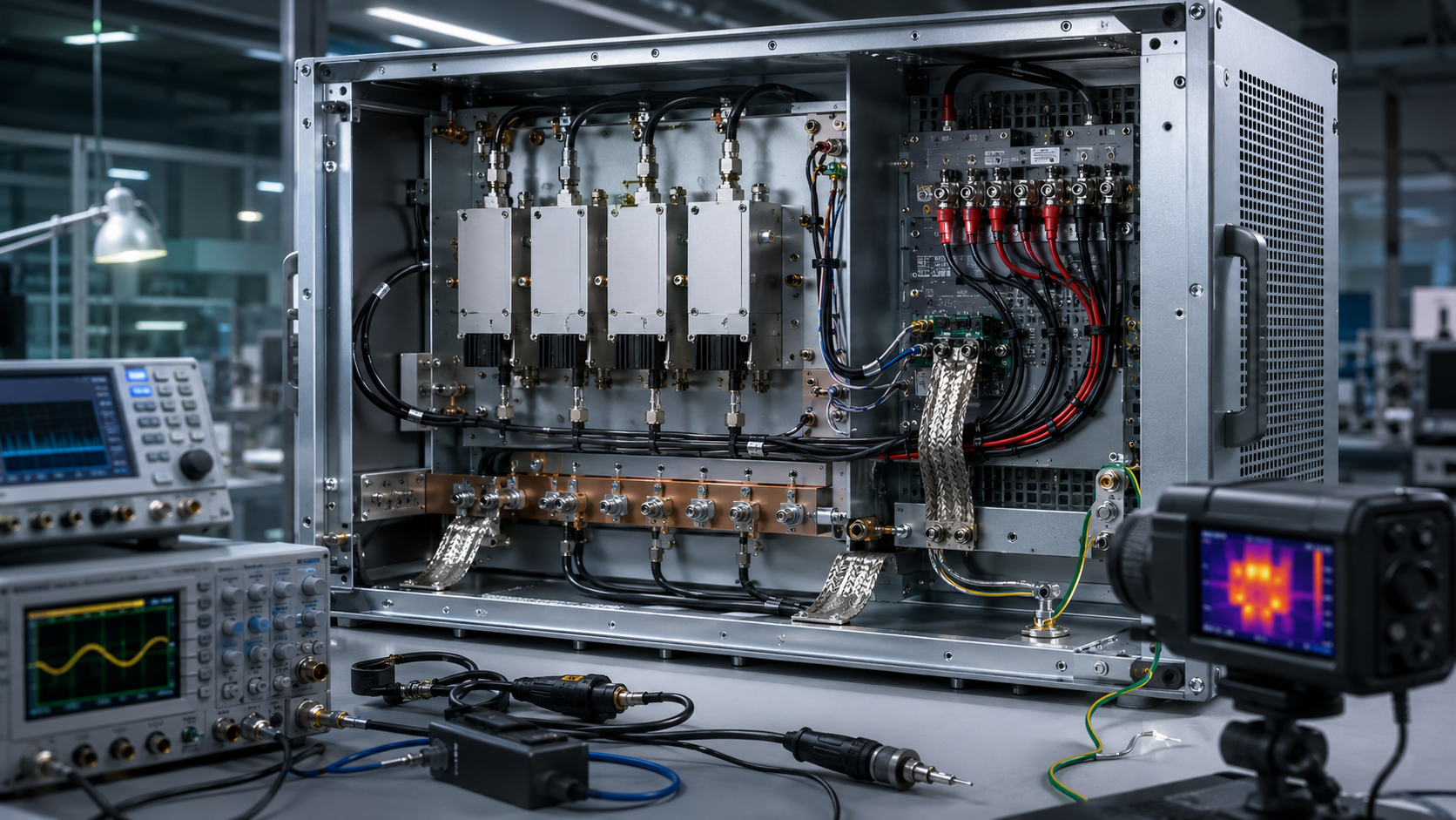 RF PA grounding design before cabinet integration showing amplifier modules, grounding paths, and test environment