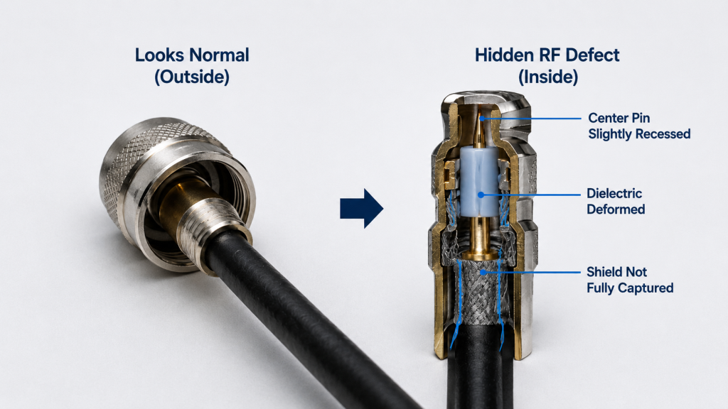 RF connector with hidden crimping defect that looks normal outside but causes RF path problems inside.