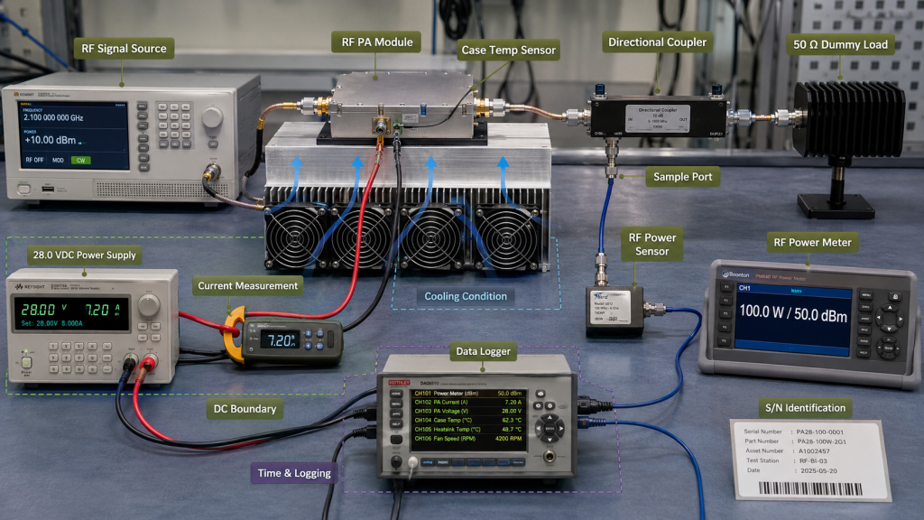 Defined RF PA burn-in test boundary with RF signal source, 28 VDC supply, directional coupler, dummy load, controlled cooling, data logging, and S/N identification