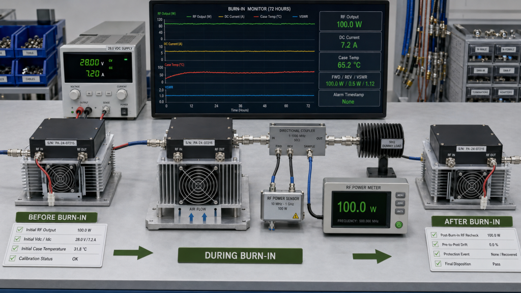 RF PA burn-in monitoring before, during, and after testing with RF output, DC current, case temperature, VSWR, alarms, and post-burn-in recheck