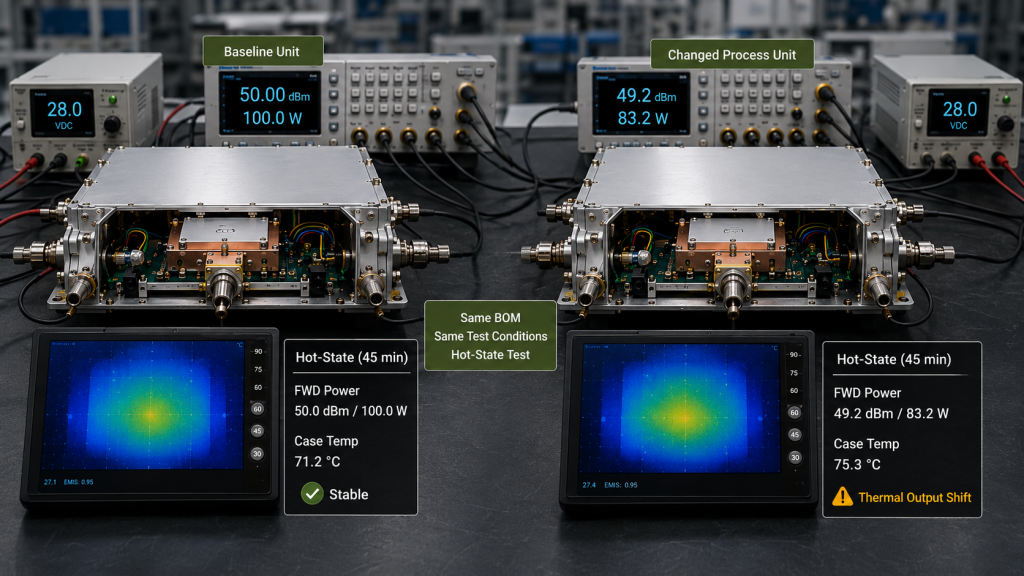 Baseline and changed-process RF PA units with the same BOM compared under identical hot-state test conditions.
