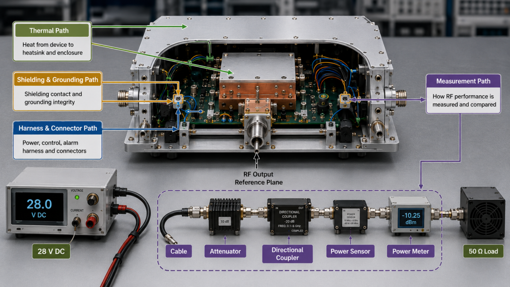 Open RF PA module showing thermal, shielding and grounding, harness and connector, and measurement paths.