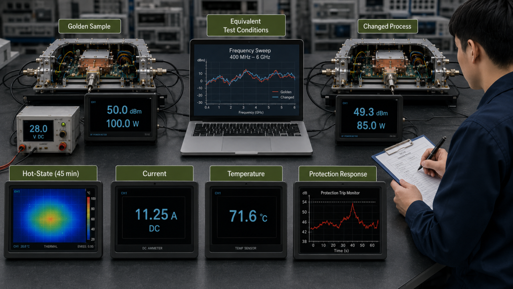 Golden Sample and changed-process RF PA compared under equivalent conditions for output, current, temperature, and protection response.