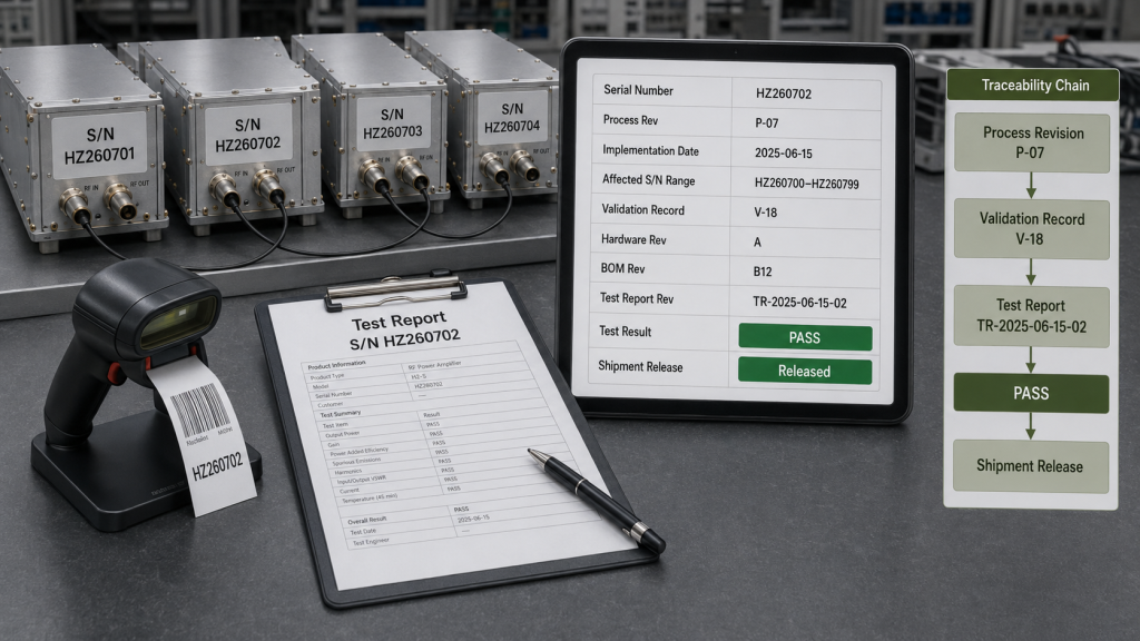 RF PA process revision linked to serial numbers, validation records, test reports, PASS status, and shipment release.