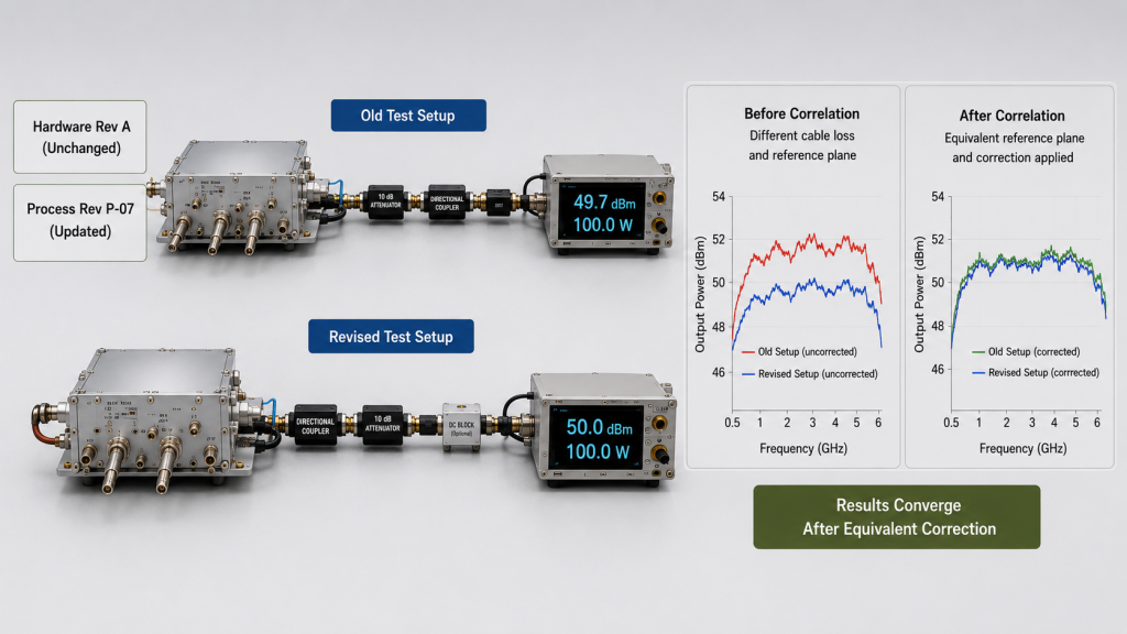 Old and revised RF PA test setups correlated to an equivalent reference plane so corrected measurement results converge.