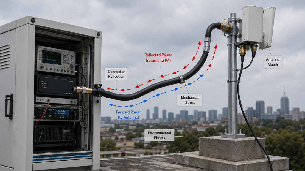 Forward power traveling toward the antenna and reflected power returning to the RF PA through an installed outdoor feeder path