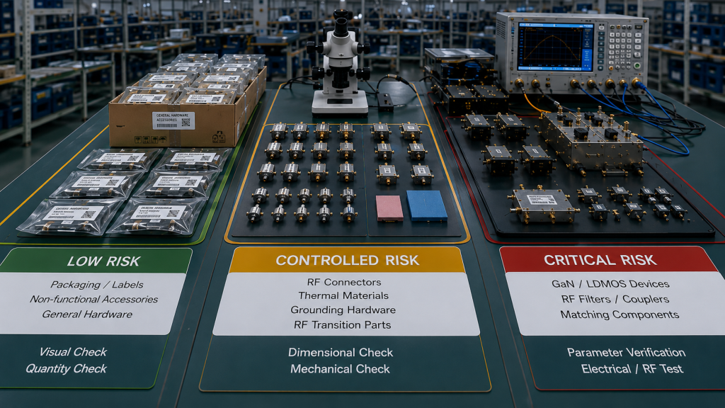 RF PA incoming parts classified as low, controlled, and critical risk with increasing inspection depth.