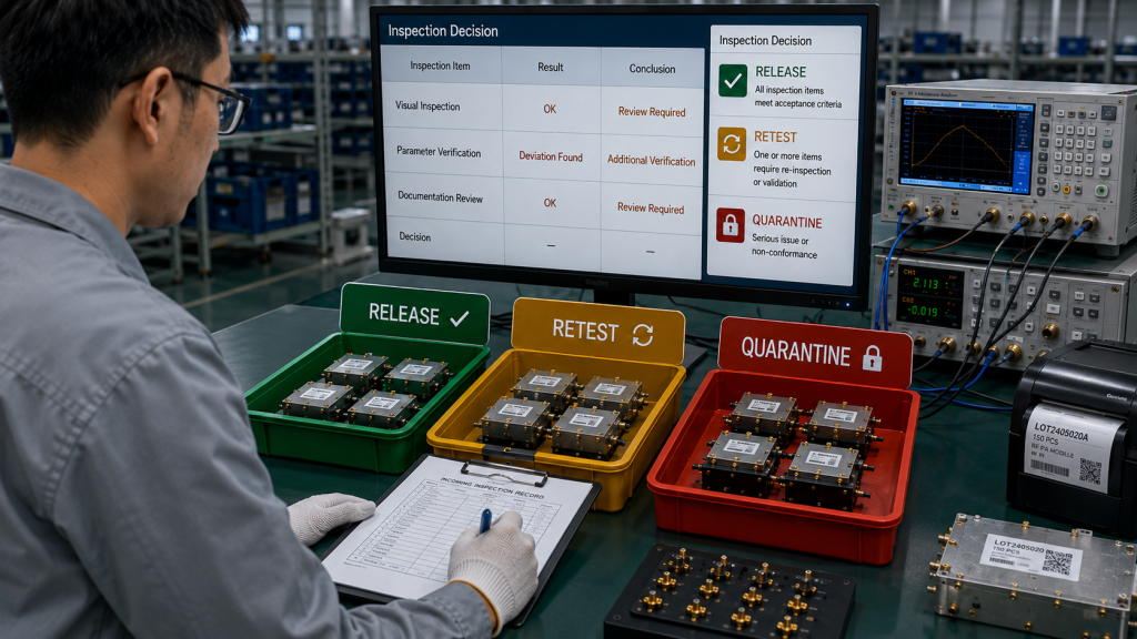 Incoming RF PA lot decision process showing release, retest, and quarantine based on inspection evidence.