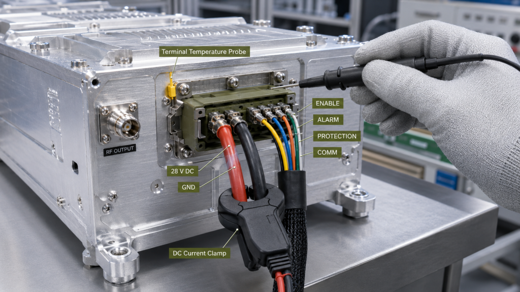 Verification of critical RF PA power and control paths using a DC current clamp