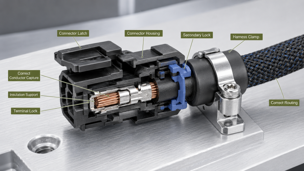 RF PA connector showing conductor capture, insulation support, terminal locks, harness clamp, and correct routing