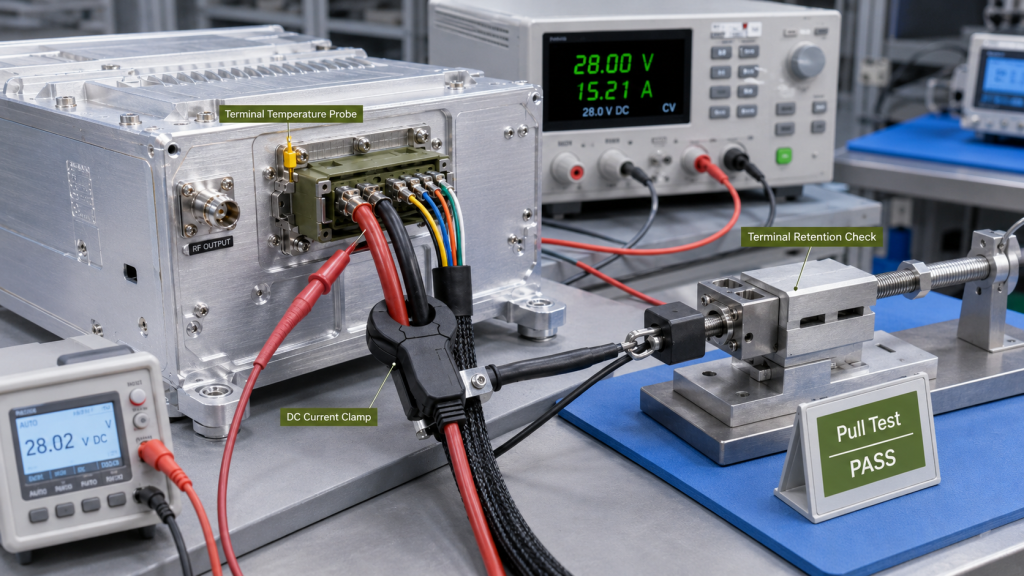 RF PA harness electrical contact, terminal temperature, DC current, and pull retention testing