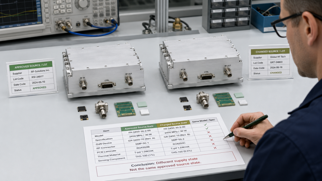 Same model RF PA modules with different approved supply states and supplier source comparison
