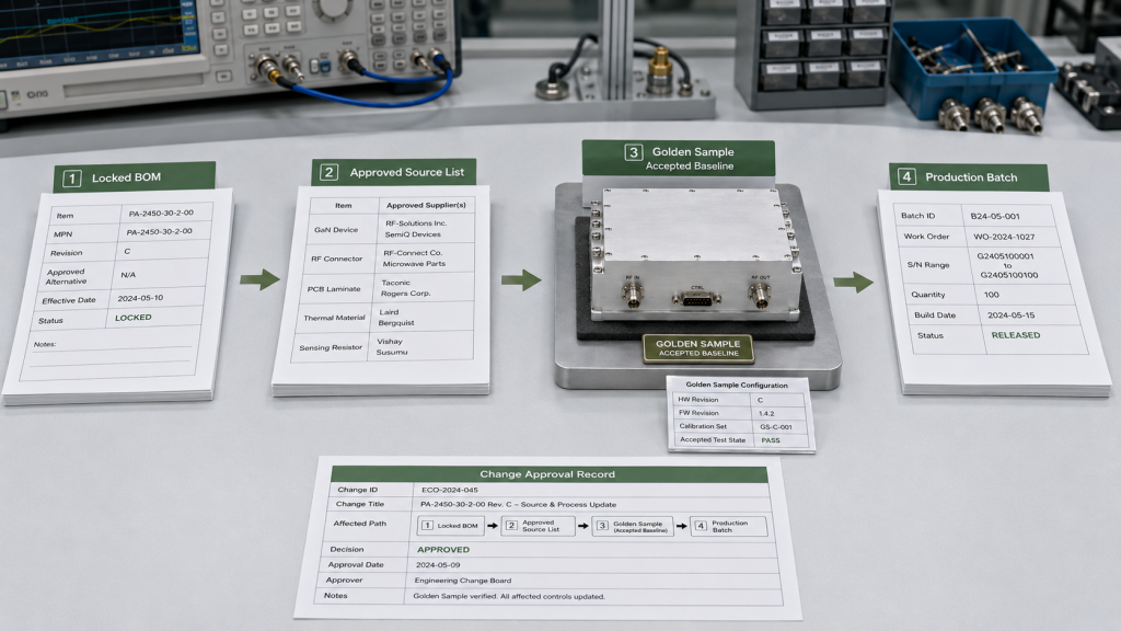 Locked BOM, approved source list, and Golden Sample configuration control for RF PA production
