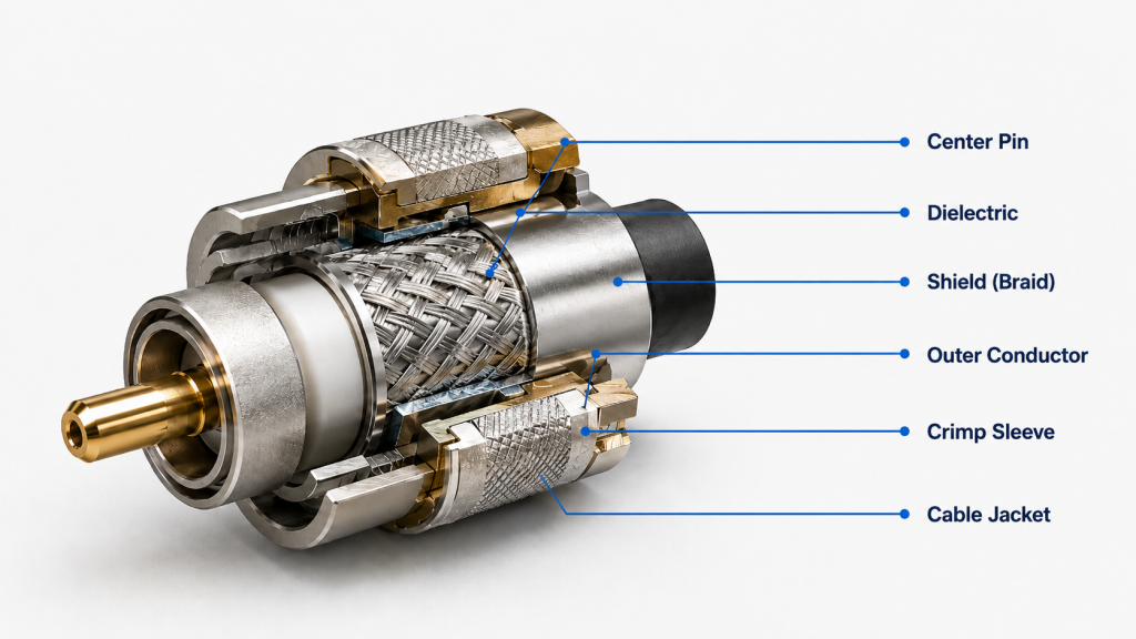 RF power amplifier connector crimping structure showing center pin, shield braid, dielectric, and crimp sleeve.