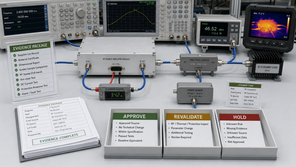 RF PA supplier change approval review using evidence package, validation results, and decision criteria