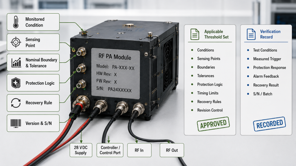 RF PA alarm threshold file showing the monitored condition, sensing point, tolerance, protection logic, recovery rule, and S/N traceability.