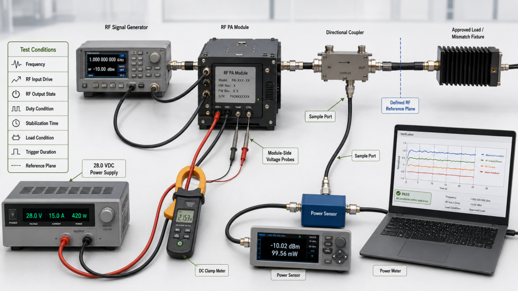 RF PA threshold verification setup with an RF signal generator, directional coupler, approved load, power sensor, module-side voltage probes, and defined RF reference plane.