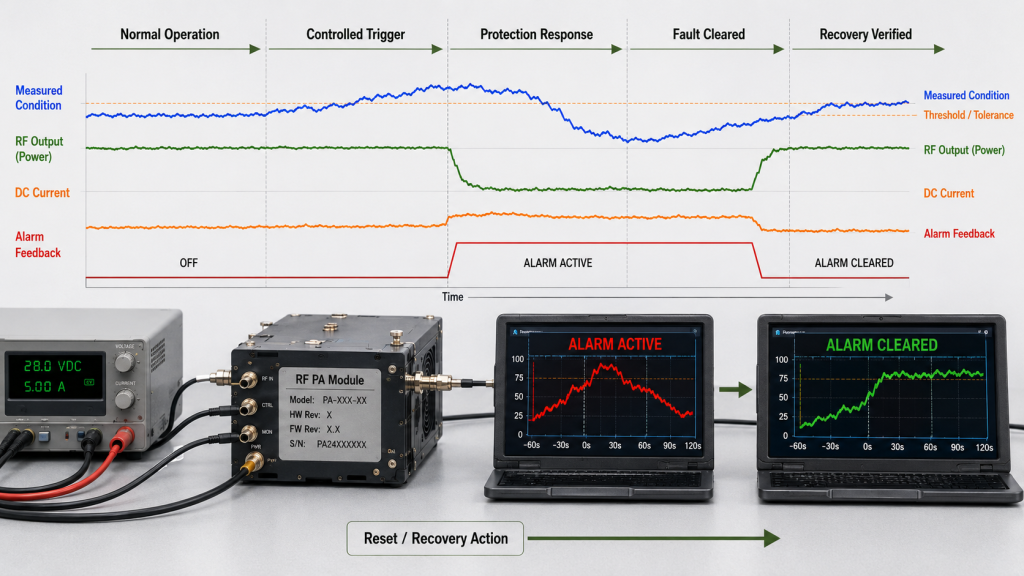 RF PA protection test showing a controlled trigger, output reduction, alarm feedback, fault clearing, and recovery verification.