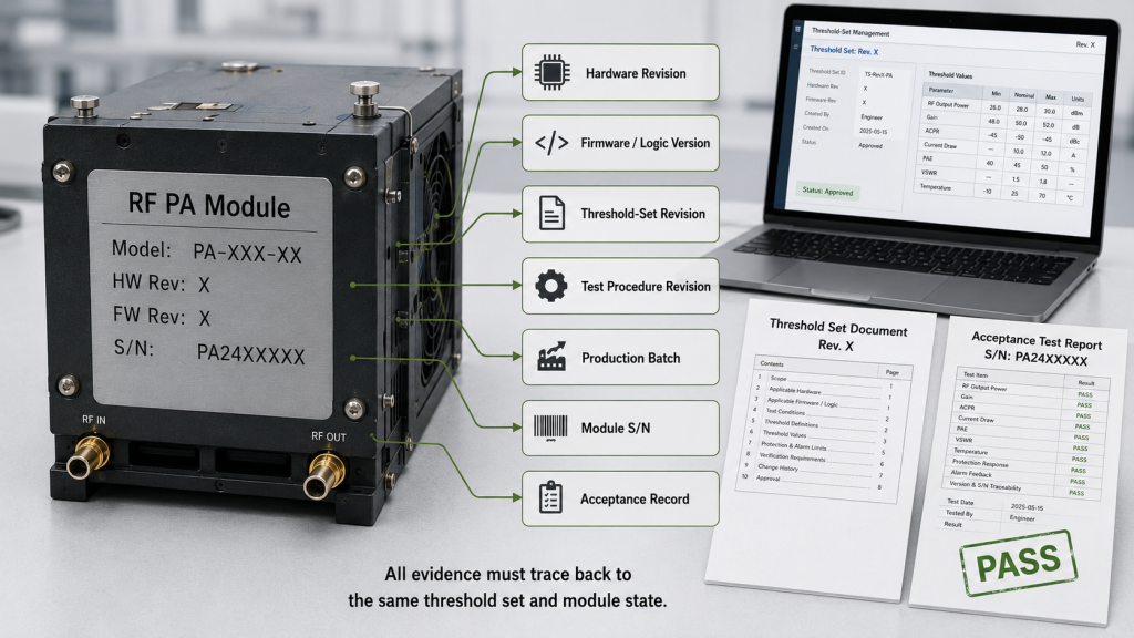 RF PA traceability diagram linking the hardware revision, firmware version, threshold-set revision, test procedure, production batch, module S/N, and acceptance record.