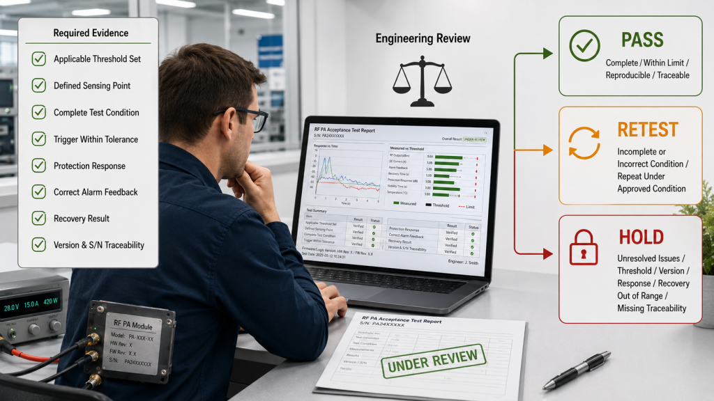 Engineering review of RF PA alarm threshold evidence for PASS, RETEST, or HOLD acceptance decisions.