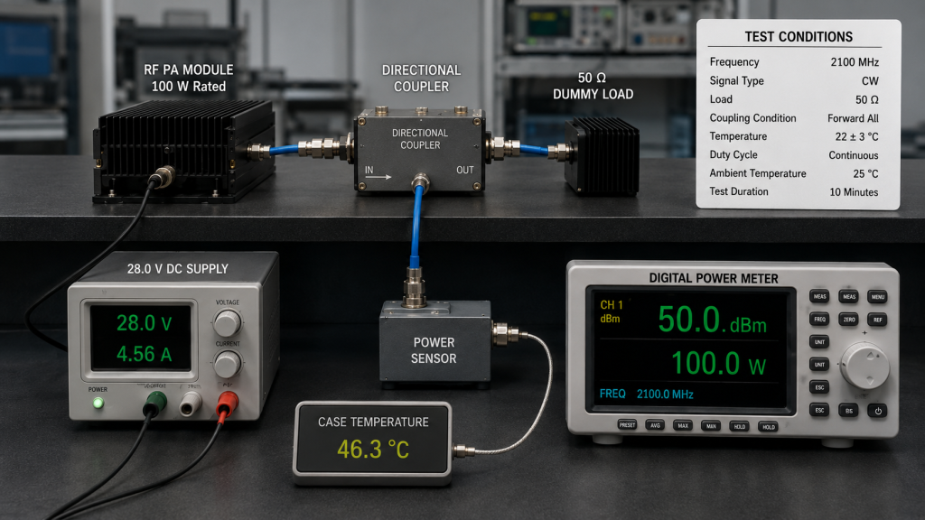 Rated RF PA output measured with a directional coupler, 50 ohm dummy load, power sensor, and power meter under defined operating conditions.