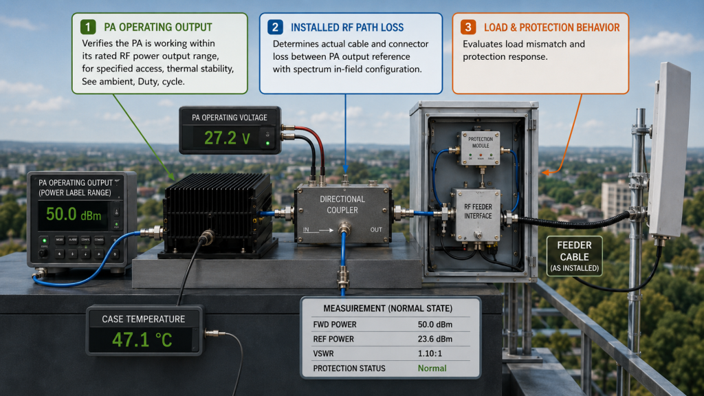 Comparison of PA operating output, installed RF-path loss, and load and protection behavior during RF system operation.