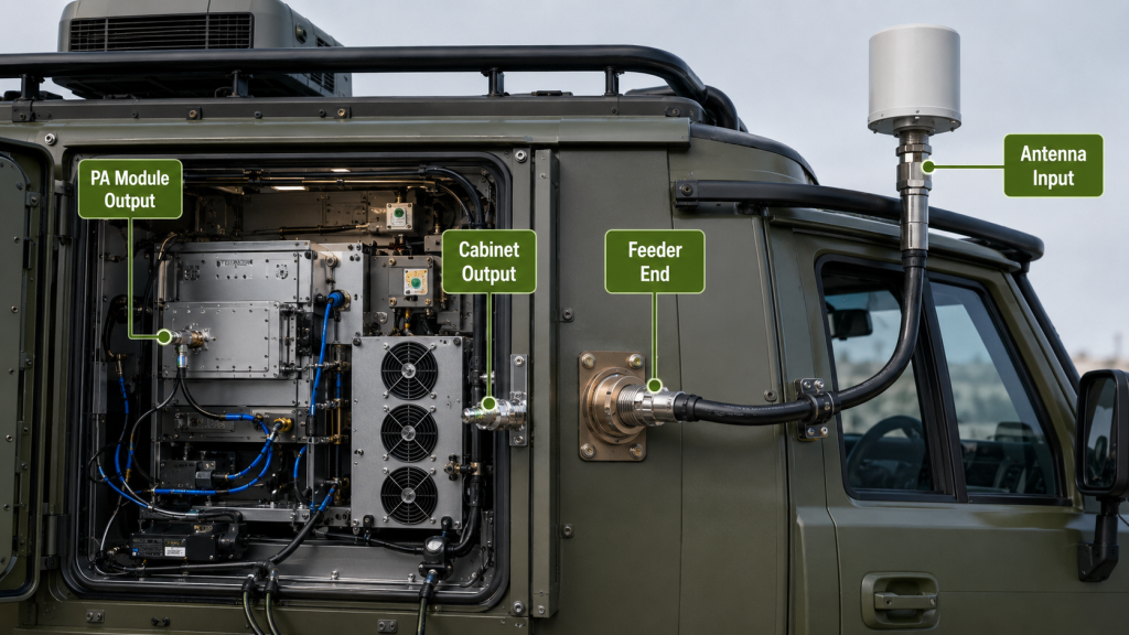 PA module output, cabinet output, feeder end, and antenna input measurement boundaries