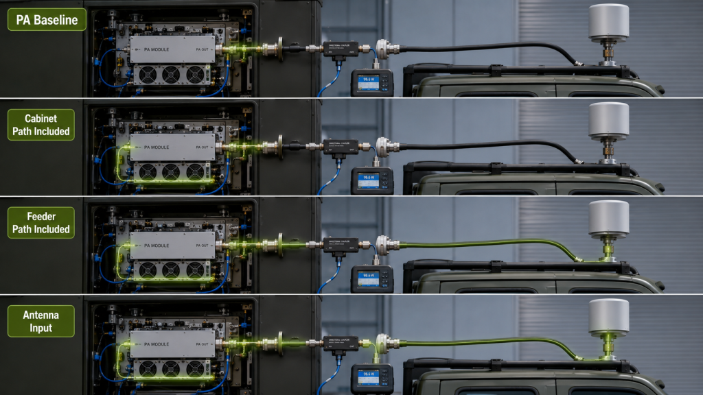Comparison of PA baseline, cabinet path, feeder path, and antenna-input RF power readings