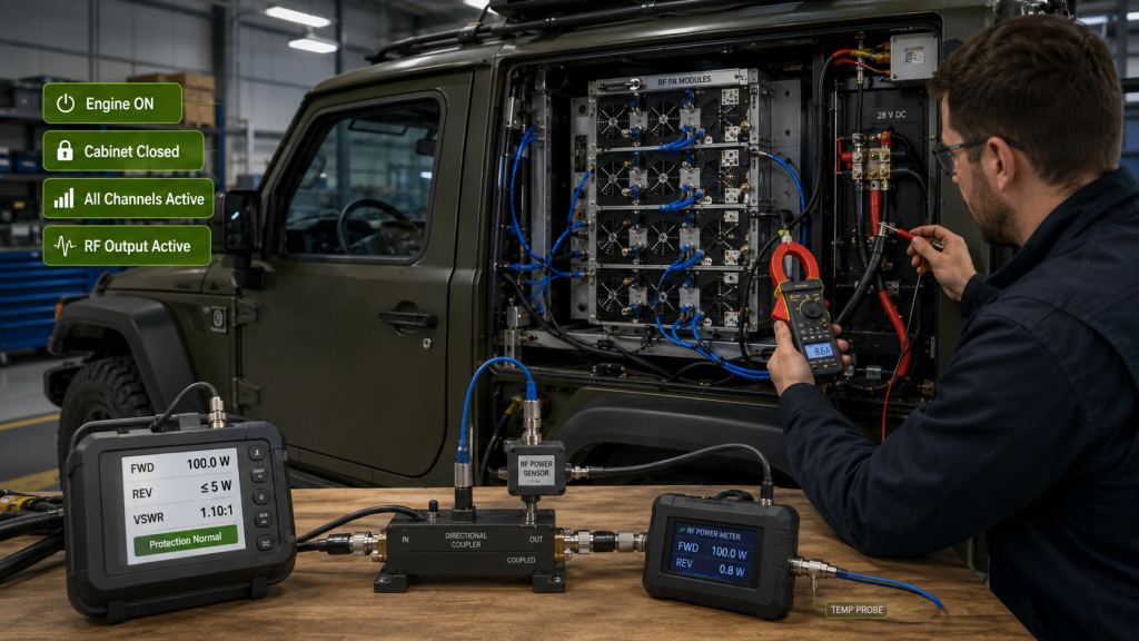 RF power measurement with engine on, cabinet closed, and all channels active