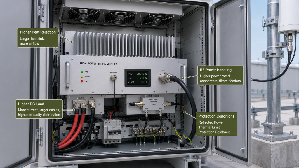 Higher RF output increasing DC load, heat rejection, RF power handling requirements, and protection exposure in an RF PA system.