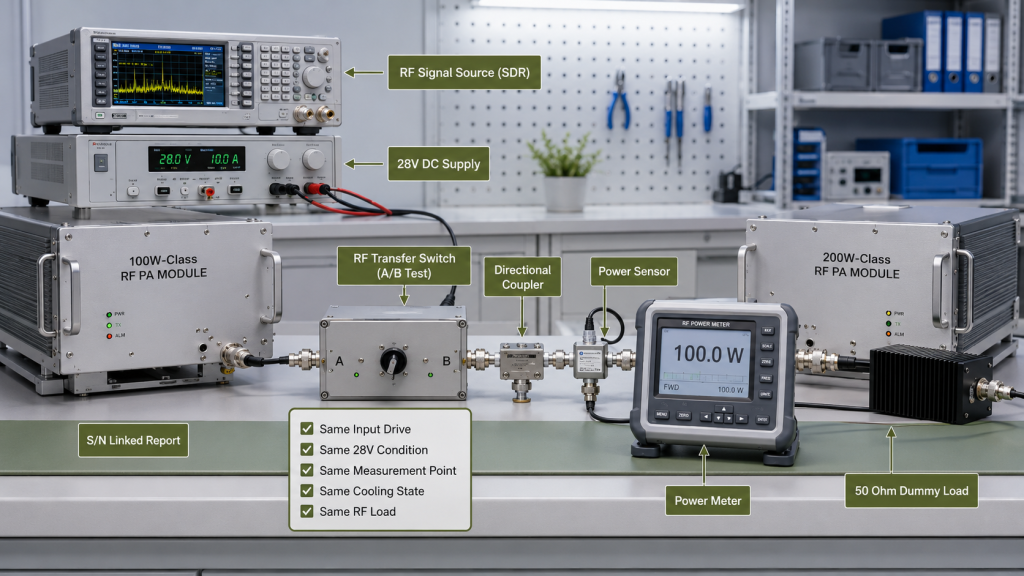 A/B comparison of 100W and 200W RF PA modules using the same input drive, 28V condition, measurement point, cooling state, and RF load.
