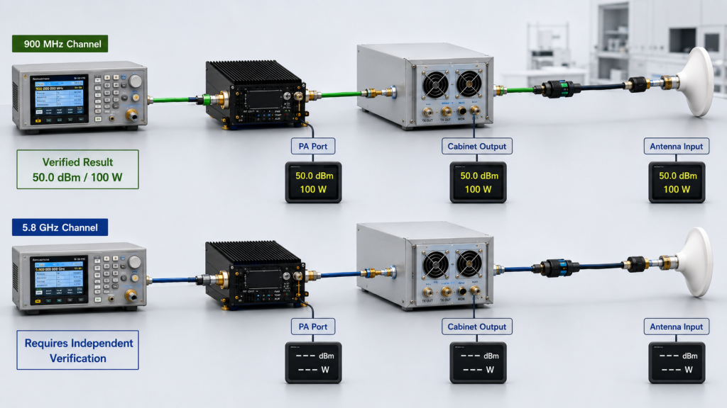 Comparison showing why a verified 900 MHz result cannot prove 5.8 GHz RF output