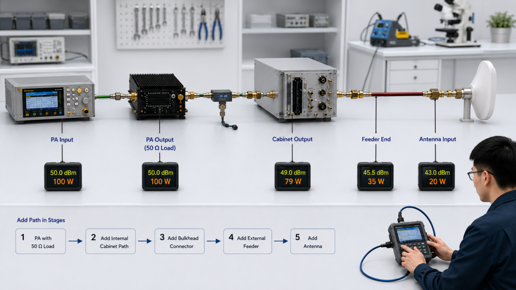 Step-by-step measurement boundaries used to locate where a 5.8 GHz RF output deficit begins