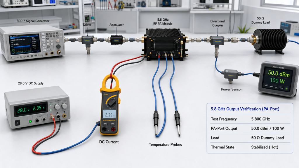 5.8 GHz RF PA port output verification using a signal generator, directional coupler, power sensor, and dummy load