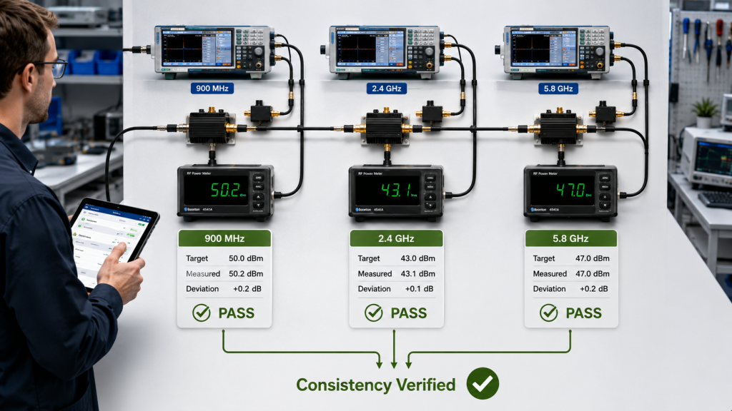 RF power consistency means each C-UAS channel meets its own output target within the approved deviation