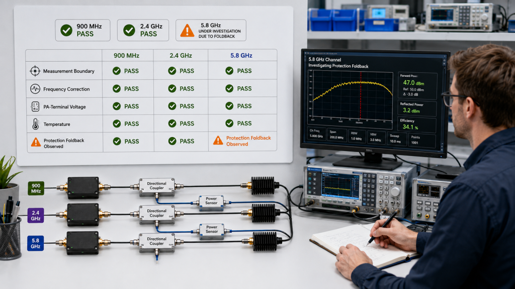 Channel-to-channel RF power variation evaluated by measurement boundary, correction, voltage, temperature and protection status