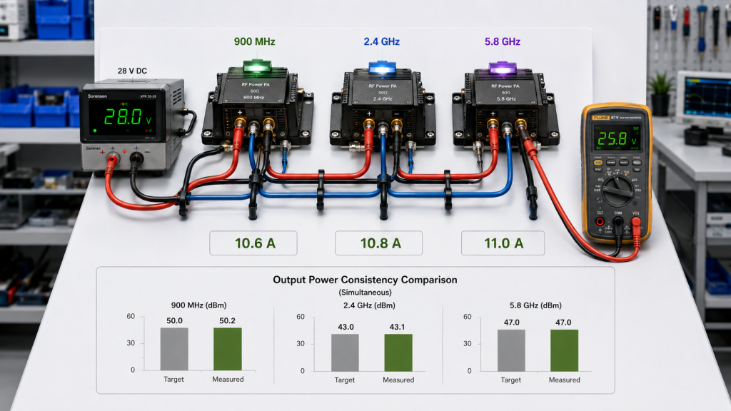 Simultaneous multi-channel RF power consistency test with 28 V supply, branch current and PA-terminal voltage measurements