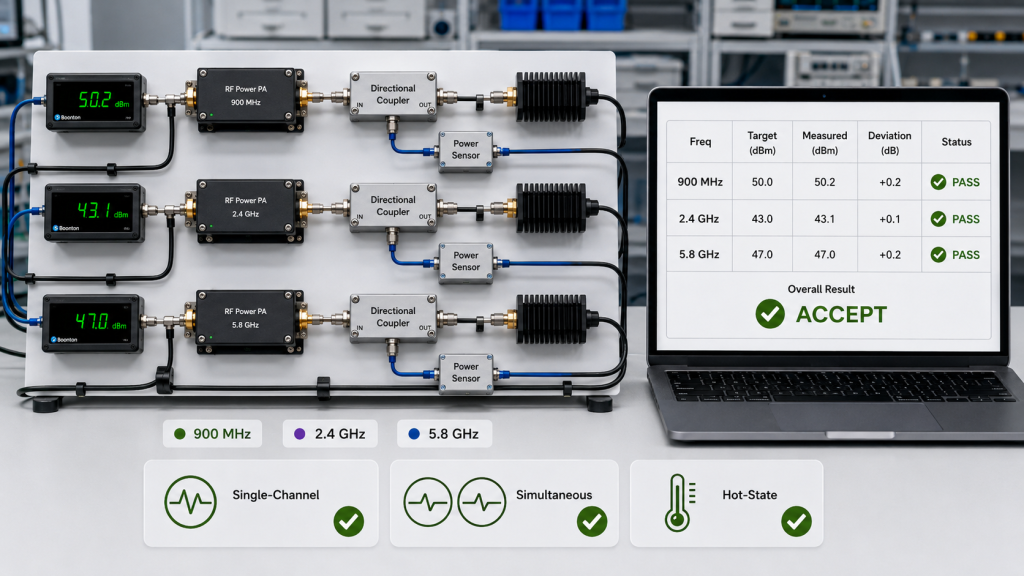 Test evidence proving multi-band RF power consistency during single-channel, simultaneous and stabilized hot-state operation