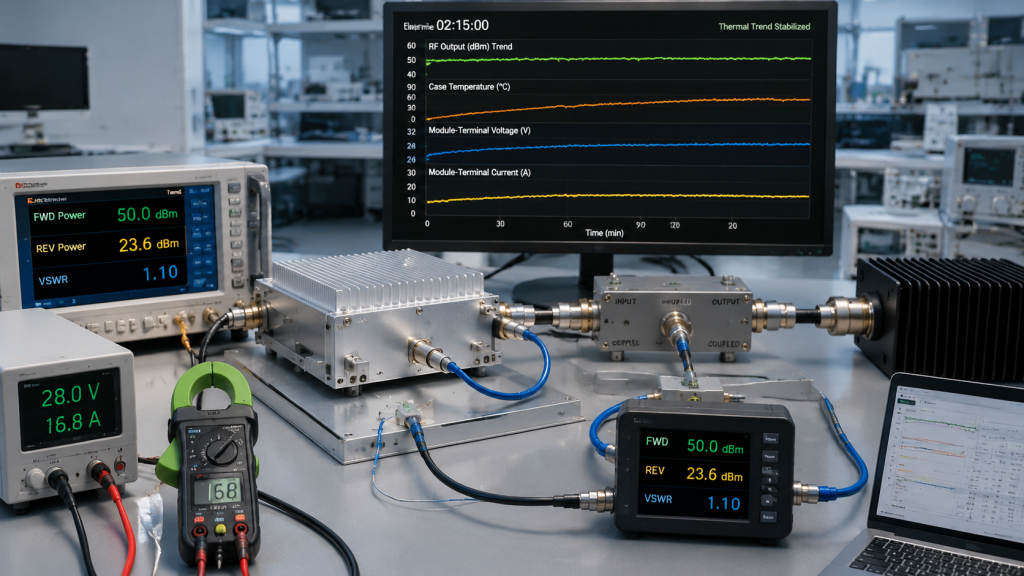 Comparison of short burst RF output test and continuous RF output verification for C-UAS RF power amplifier systems