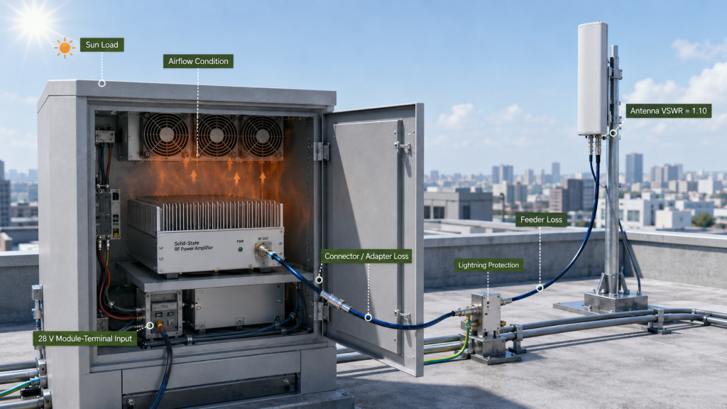 Rooftop RF power amplifier thermal environment test with cabinet airflow and temperature monitoring